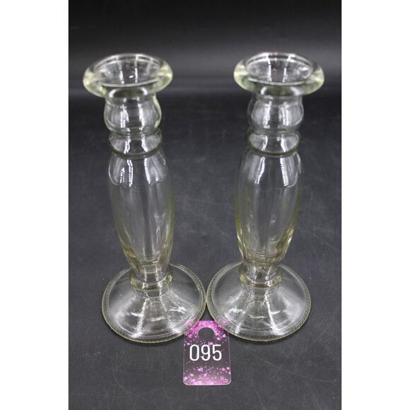 VIDRIOS San Miguel 2 Candlesticks Vases Clear Green Tined Recycled Glass 8.75" - Picture 1 of 6